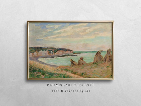 Guillaumin Pastel Coastal Landscape Digital Art Print, Vintage Impressionist Painting, Neutral Aquamarine Sea Blue Seaside Beach House Decor
