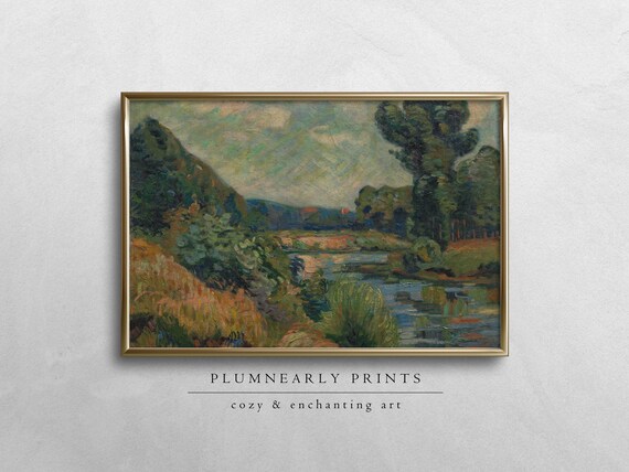 Guillaumin Mountain River Landscape Digital Art Print, Impressionist Painting, Aquamarine Blue Chartreuse Sage Green Mustard Yellow Decor