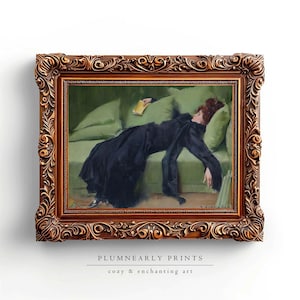 Ritratto di ragazza decadente di Casas, dipinto a olio su tela, poster, stampa artistica, donna sdraiata su un divano verde, decorazione da parete classica vintage, elegante Dark Academia