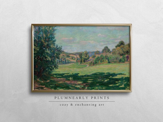 Guillaumin Rolling Hills and Meadow Digital Art Print, Vintage Impressionist Oil Painting Landscape, Frog Green Aquamarine Icy Blue Decor