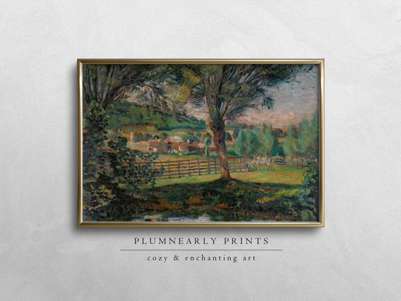 Guillaumin French Countryside Landscape Digital Art Print, Vintage Impressionist Nature Oil Painting, Chartreuse Sage Frog Green Wall Decor