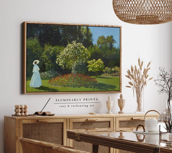 Monet Flower Garden Landscape Oil Painting Framed Canvas, Vintage Impressionist Cottagecore Wall Decor, Romantic Regency Victorian Woman