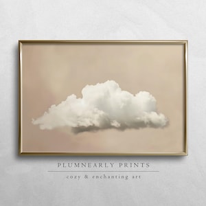 Impresión de arte digital con pintura al óleo de nubes beige, arte de pared con paisaje neutro en blanco y tostado, póster de naturaleza serena, decoración minimalista moderna y relajante para el hogar