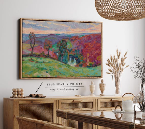 Guillaumin Vibrant Autumn Hill Landscape Framed Canvas, Bold Chartreuse Green Cherry Red Periwinkle Mauve Fig Purple Painting Wall Decor