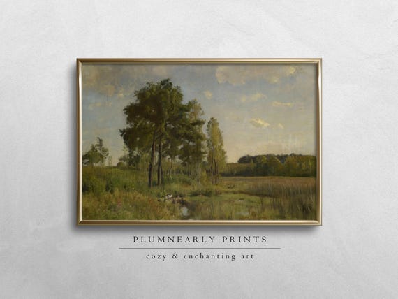 Field Landscape Oil Painting Digital Art Print, Classic Vintage English Country Wall Decor, Neutral Beige Sage Green Cottagecore Countryside