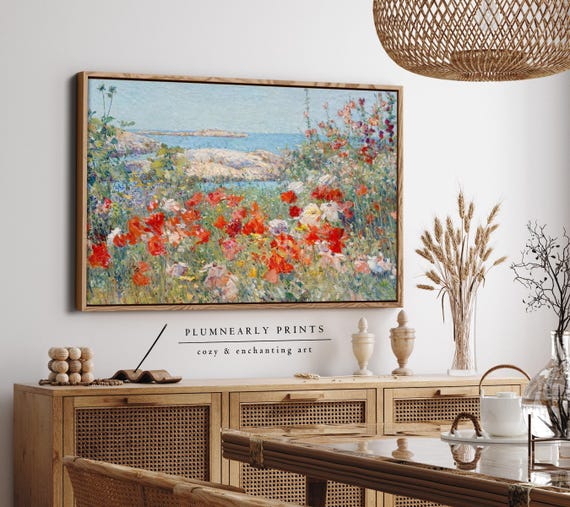 Hassam Wildflower Field by the Sea Vibrant Coastal Landscape Oil Painting Framed Canvas Art