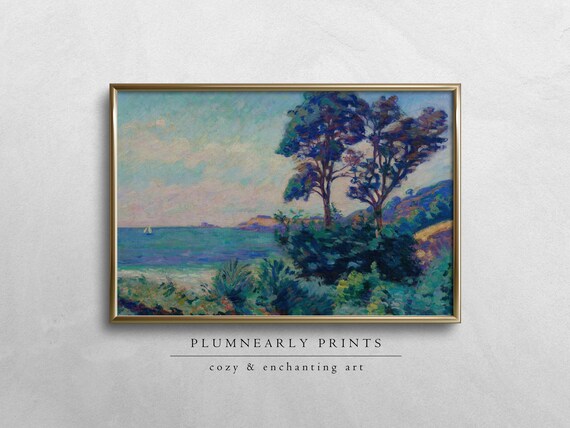 Guillaumin Seascape Oil Painting Digital Art Print, Vintage Maximalist Landscape, Aquamarine Icy Sea Blue Periwinkle Teal Forest Green Decor