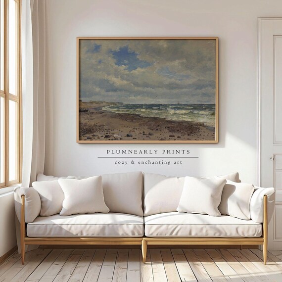 Dreyer Beach Landscape Art Print Poster, Vintage Seascape Oil Painting, Neutral Beige Buttercream Aquamarine Ocean Sea Blue Wall Decor