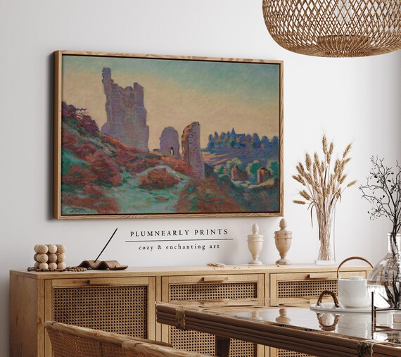 Guillaumin Castle Ruins Landscape Oil Painting Framed Canvas, Knightcore Castlecore Buttercream Sunset Yellow Aquamarine Cinnamon Decor