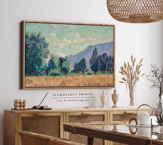 Guillaumin Golden Wheat Field Landscape Framed Canvas, Maximalist Aquamarine Turquoise Buttercream Marigold Yellow French Country Decor