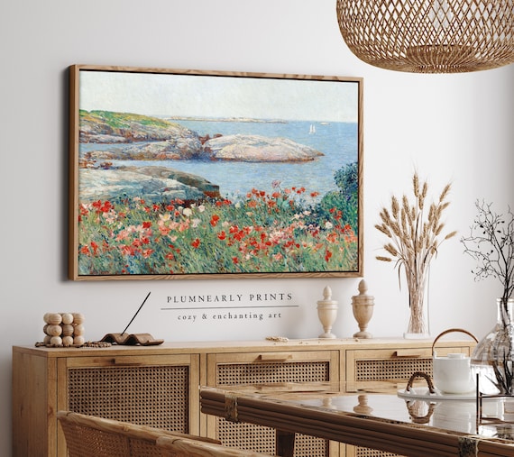Wildflower Field By The Sea Oil Painting Framed Canvas, Vibrant Impressionist Coastal Landscape, Nautical Ocean Seascape Wall Decor