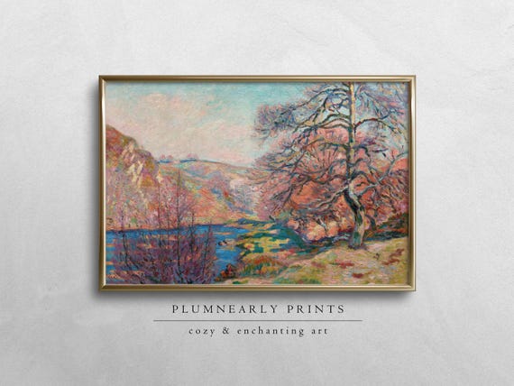 Guillaumin Autumn Mountain Lake Digital Art Print, Vintage Impressionist Oil Painting, Aquamarine Icy Blue Bubblegum Blush Pink Wall Decor