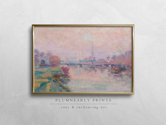 Guillaumin Ethereal Paris Seine River Landscape Digital Art Print, Tea Rose Blush Powder Pink Aquamarine Icy Blue Oil Painting Wall Decor