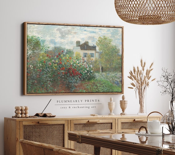 Monet French Cottage Garden Landscape Oil Painting Framed Canvas, Impressionist English Country Wall Decor, Vintage Floral Cottagecore