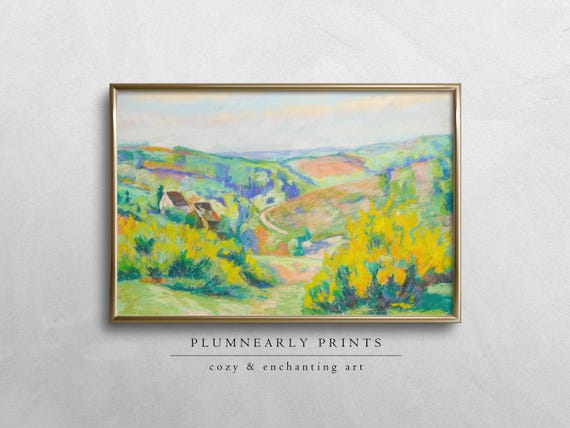 Guillaumin Soft Pastel Hillside Landscape Digital Art Print, Vintage Impressionist Art, Maximalist Chartreuse Yellow Green Icy Blue Decor