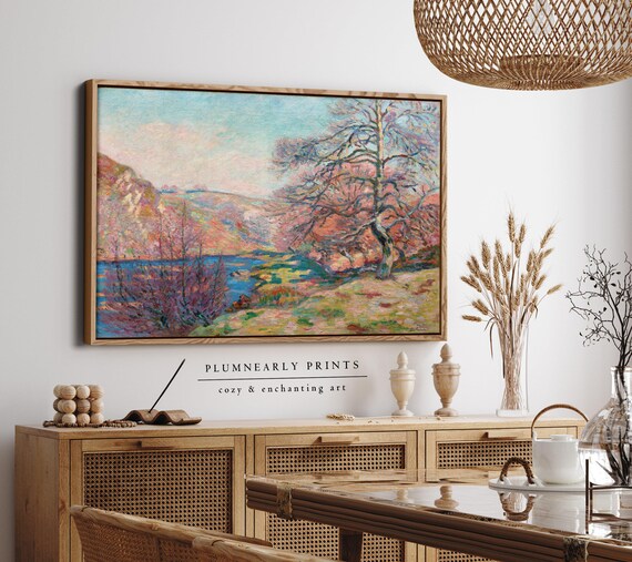 Guillaumin Autumn Mountain Lake Framed Canvas, Vintage Impressionist Oil Painting, Aquamarine Icy Blue Bubblegum Blush Pink Wall Decor