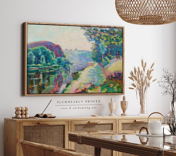 Guillaumin River Landscape Oil Painting Framed Canvas, Maximalist Chartreuse Green Aquamarine Icy Blue Periwinkle Lavender Purple Decor