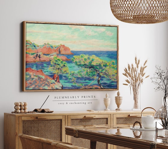 Guillaumin Coastal Cliffs Oil Painting Framed Canvas, Maximalist Aquamarine Ocean Sea Blue Tangerine Orange Chartreuse Green Wall Decor