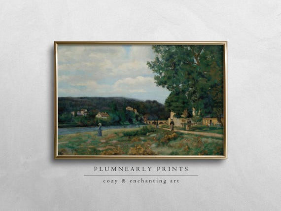 Guillaumin Idyllic Riverside Village Digital Art Print, Vintage French Impressionist Landscape, Neutral Sage Green Icy Blue Cottagecore Art
