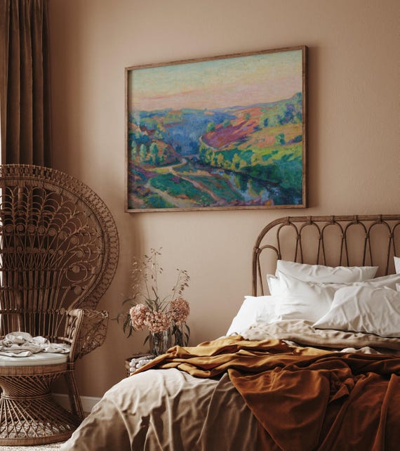 Guillaumin Mountain Valley Landscape Art Print Poster, Bold Maximalist Buttercream Yellow Chartreuse Green Mauve Periwinkle Blue Wall Decor