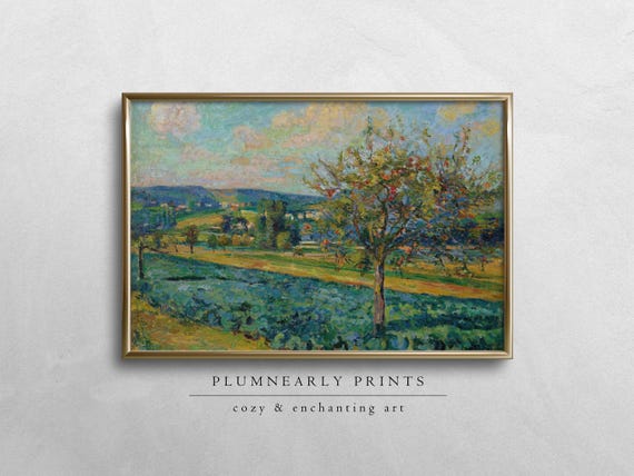 Guillaumin Orchard Field Impressionist Painting Digital Art Print, Maximalist Chartreuse Yellow Green Teal Aquamarine Sky Blue Wall Decor