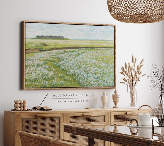 Alberts Vast Summer Landscape Oil Painting Framed Canvas, Impressionist Wildflower Meadow Scene, Light Green Cottagecore Nature Wall Art