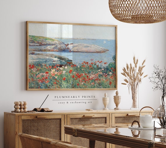Wildflower Field by the Sea Oil Painting Art Print Poster, Vibrant Impressionist Coastal Landscape, Nautical Ocean Seascape Wall Decor