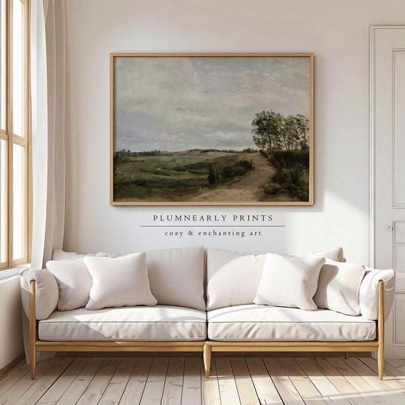 Cottagecore Landscape Art Print Poster, Countryside Serene Nature Scene, Vintage Oil Painting Artwork, Neutral Beige Olive Sage Green Decor