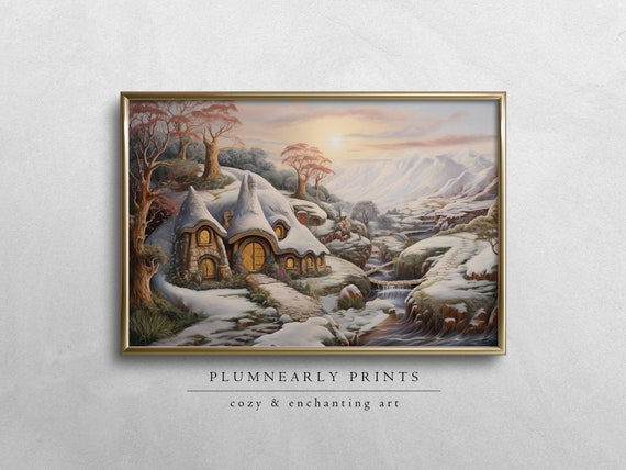 Hobbit House Painting Digital Art Print, The Shire Enchanted Winter Landscape Canvas, Snowy Fantasy Cottage Wall Decor, Fairytale Scenery