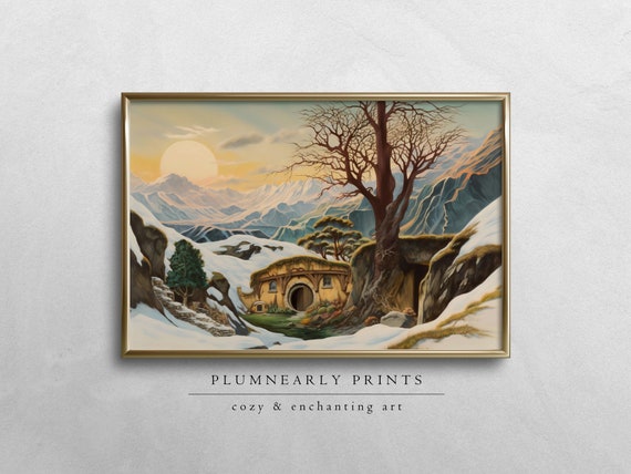 Hobbit House Painting Digital Art Print, The Shire Winter Fantasy Landscape Wall Art, Mountain Sunset Large Canvas Hobbitcore Home Decor