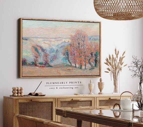 Guillaumin Ethereal Pastel Spring Landscape Framed Canvas, Aquamarine Icy Blue Bubblegum Powder Pink Tangerine Orange Oil Painting Décor