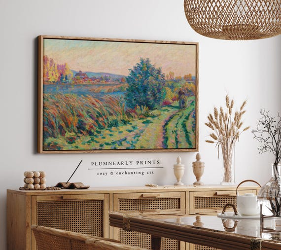 Guillaumin Pastoral Farm Sunset Framed Canvas, Vintage Impressionist Landscape, Chartreuse Green Sunshine Yellow French Country Decor