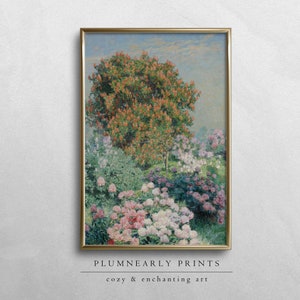 Floral Landscape Oil Painting Digital Art Print, Impressionist English Garden Art, Pastel Floral Wall Art, Vintage Cottagecore Nature Decor