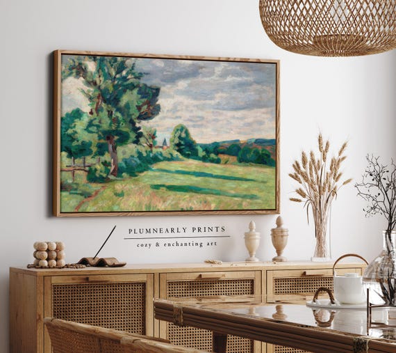 Guillaumin Sunny Meadow Framed Canvas, Vintage French Impressionist Art, Maximalist Decor, Chartreuse Green Statement Painting