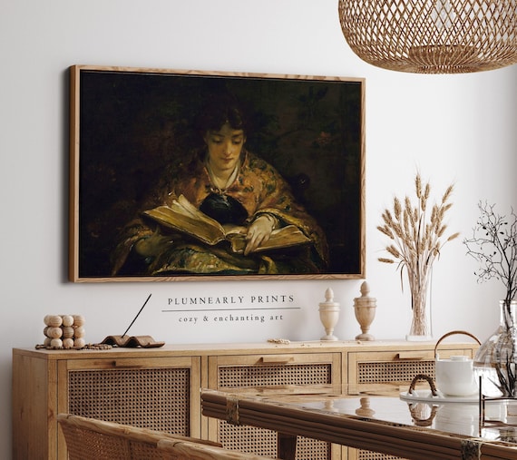 Woman Reading Antique Library Portrait Dark Oil Painting Framed Canvas Art