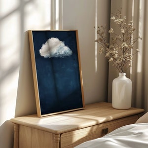 Indigo Blaue Wolke Ölgemälde Kunstdruck Poster, Minimal Weiße Wolkengebilde, Große Moderne Wandkunst, Abstrakte Marine Blaue Wohndeko