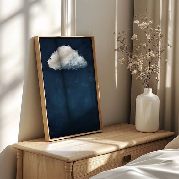 Indigo Blue Cloud Oil Painting Art Print Poster, Minimal White Cloudscape, Large Modern Night Sky Wall Art, Abstract Navy Blue Home Decor