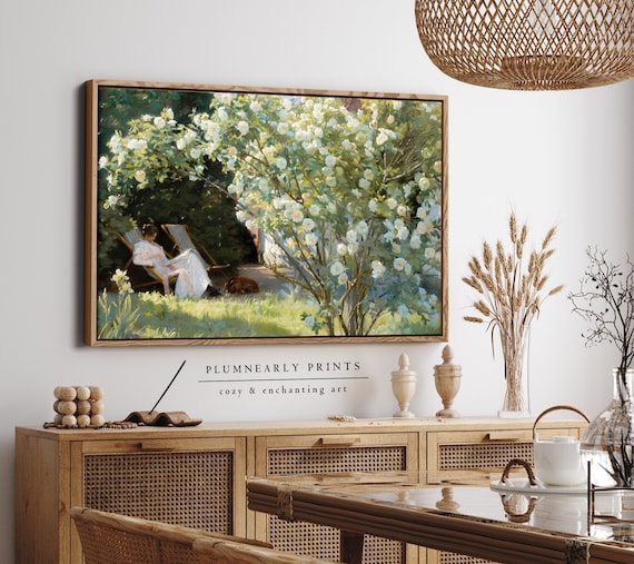 Reading Woman Floral Landscape Oil Painting Framed Canvas, Impressionist Garden Painting Wall Art, Cottagecore Girl Reading Nook Decor
