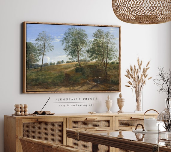 Dreyer Countryside with Trees Framed Canvas, Vintage Forest Landscape Oil Painting, Sage Green Periwinkle Blue Mustard Yellow Wall Decor