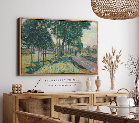 Guillaumin Tree-Lined Walk Framed Canvas, Vintage Impressionist Landscape Wall Art, Fauvist Colorful Pastel Chartreuse Frog Green Decor