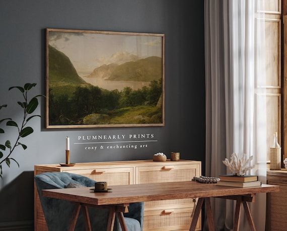Romantic Mountain Landscape Oil Painting Art Print Poster, Classic American Hudson River Scene Kensett, Elegant Neutral Vintage Home Decor