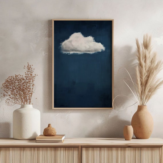 Indigo Blue Cloud Oil Painting Art Print Poster, Abstract Navy Blue Cloudscape, Modern Minimalist Sky Art, Maximalist Home Decor Wall Art