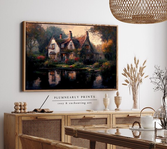 English Cottage Oil Painting Framed Canvas Art