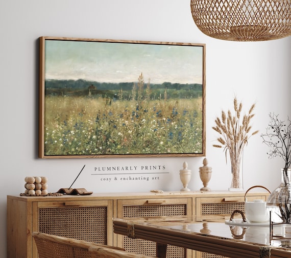 Vintage Wildflower Field Landscape Oil Painting Framed Canvas, Rustic Country Wheat Wall Art, Cottagecore Nature Scene Farmhouse Decor