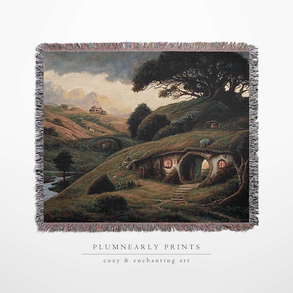 The Shire Oil Painting Woven Throw, Hobbitcore Home Decor, Hobbit House Door Wall Tapestry, Fantasy Book Lover Gift, Minky Sherpa Blanket
