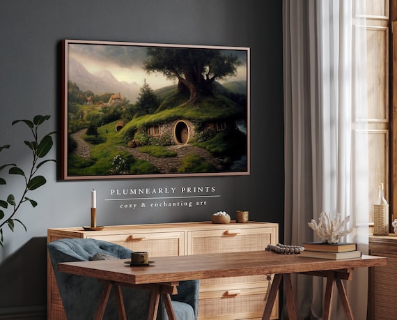 The Shire Oil Painting Framed Canvas. Hobbitcore Decor. Hobbit Hole Landscape Art. Halfling House Wall Art. Cozy Earth Home Canvas Art Print