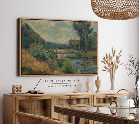 Guillaumin Mountain River Landscape Framed Canvas, Impressionist Painting, Aquamarine Blue Chartreuse Sage Green Mustard Yellow Decor