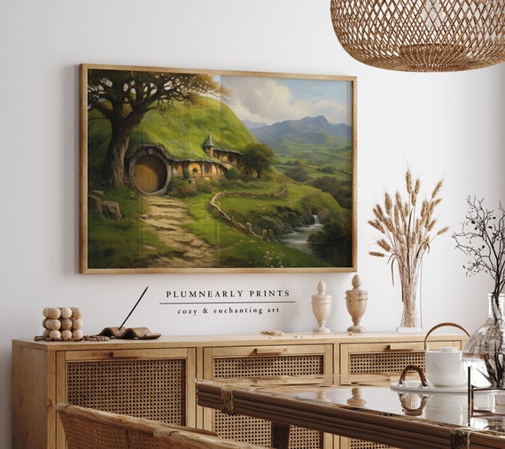Hobbit House Oil Painting Art Print Poster, Shire Landscape Wall Art, Nature Countryside Home Decor, Fantasy Book Lover Geek Gift Idea
