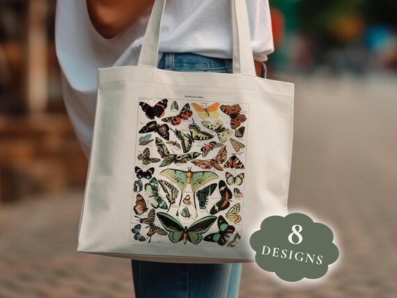 Adolphe Millot Vintage Butterflies Illustration Poster Canvas Tote Bag, Antique Entomology Wall Art, Educational Scientific Insect Decor