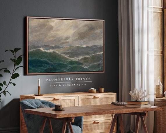 Ocean Waves Landscape Oil Painting Framed Canvas, Nautical Wall Art, Seascape Coastal Decor, Stormy Sea Marine Artwork, Beach House Art